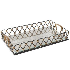 UMA Black Metal Decorative Tray Glass Base Rattan Woven Rectangular Brand New‎